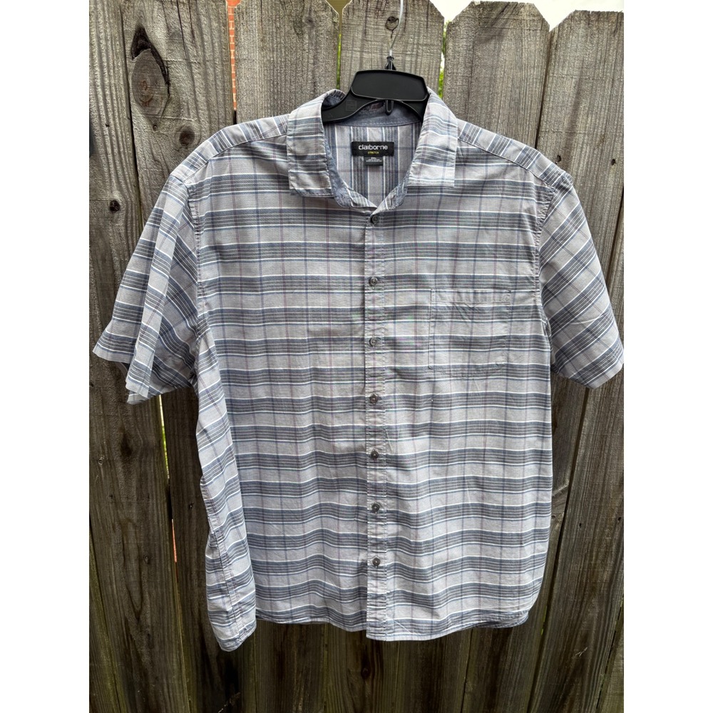 Claiborne Stretch Mens 2XL Blue Grey Plaid Short Sleeve Button Down Shirt Cotton